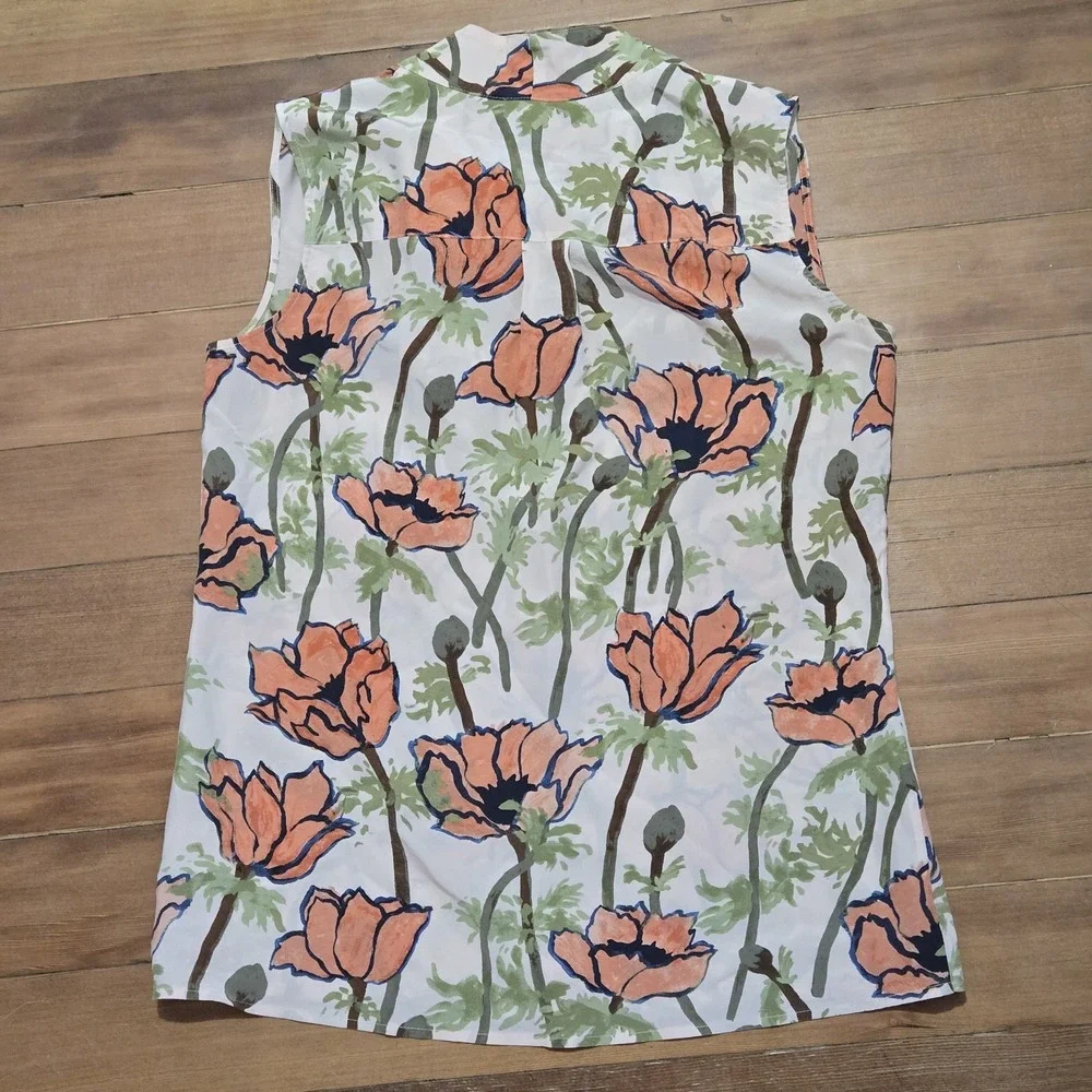 Tory Burch‎ Silk Floral Tie Neck Blouse Size 0 Sleeveless Poppy Print